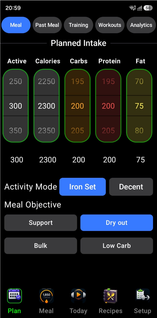 Nutrition goals screen