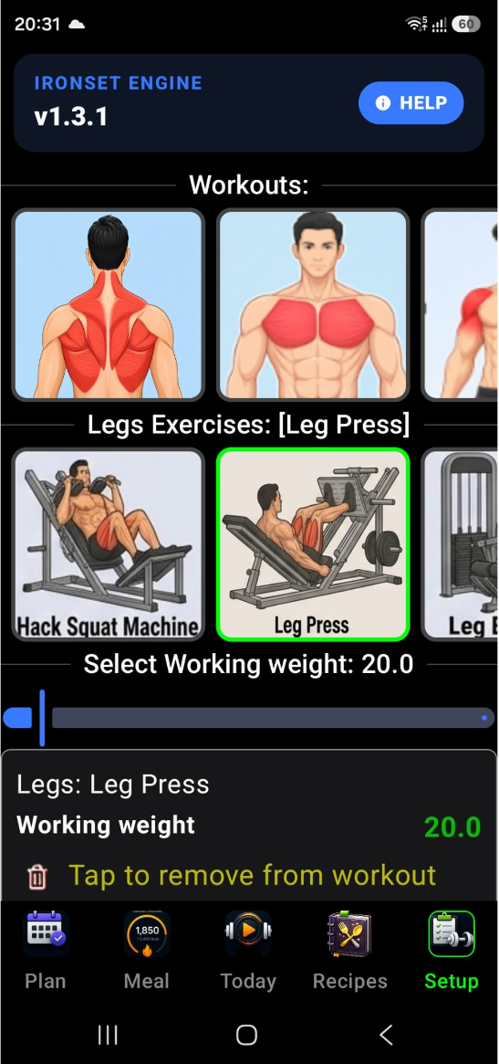 Setup workout selection